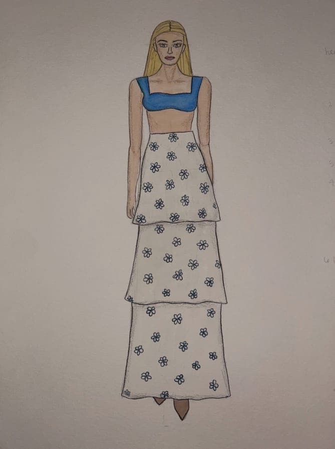 Fashion illustration: blue bodice with tiered floral maxi skirt