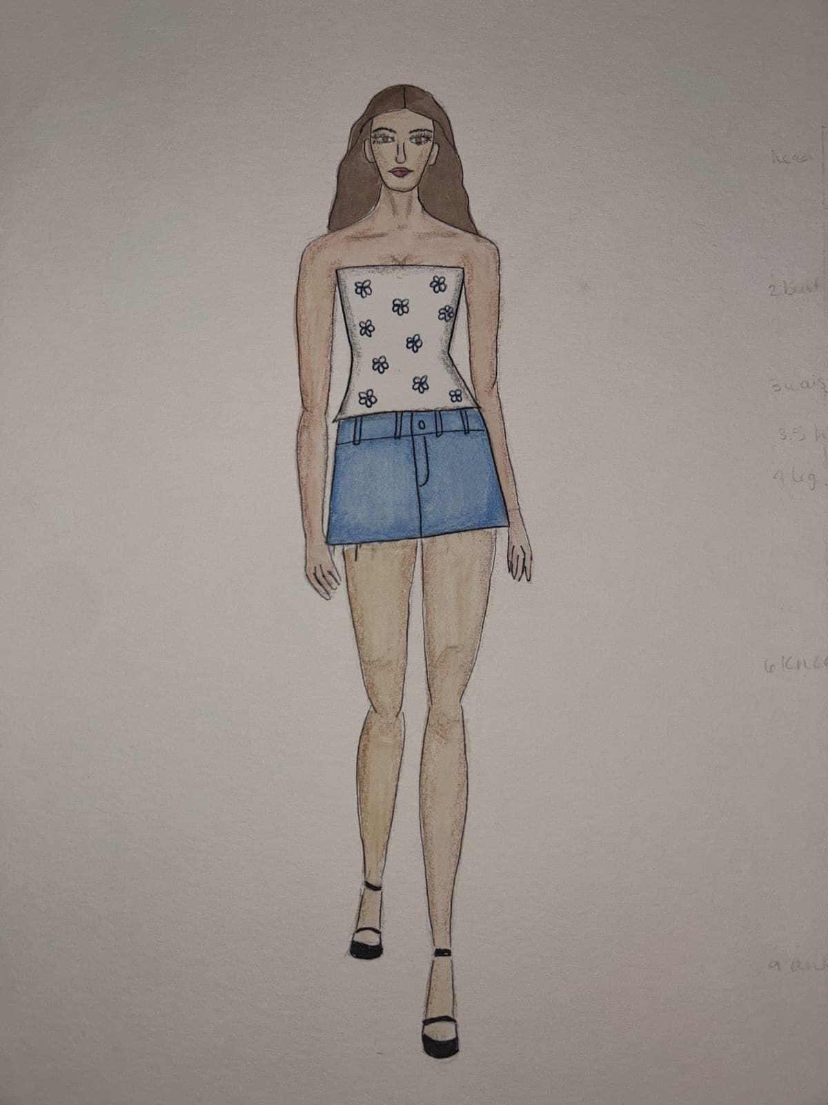 Fashion illustration: strapless polka-dot top with denim mini skirt