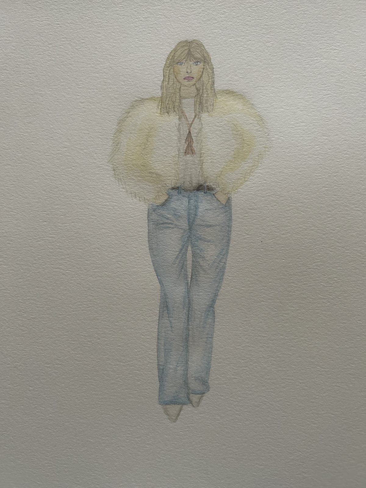 Fashion illustration: cropped fur jacket with flared denim