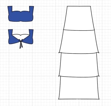 Technical flat: fitted bodice with tiered skirt